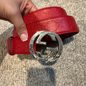 Gucci Red Leather Belt with Metallic Buckle